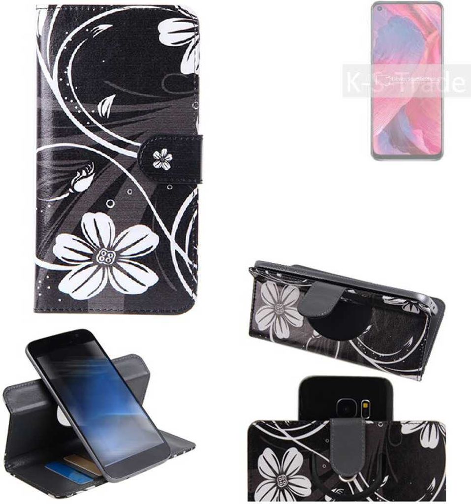K-S-Trade Schutzhülle Handyhülle kompatibel mit Oppo A74 5G Hülle 360° Wallet Case ''Flowers'' Klapphülle Hülle schwarz-weiß 1x
