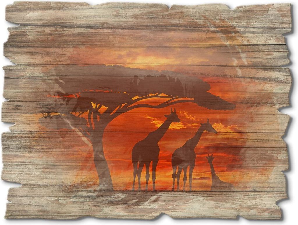 ARTland Holzbild Vintage Herde von Giraffen im Sonnenuntergang Größe: 40x30 cm
