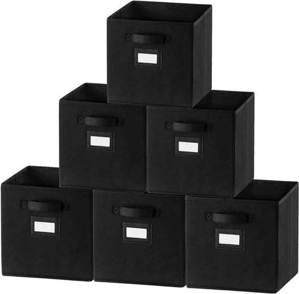 Bac de rangement avec porte-étiquette - Cube en tissu noir lot de 6