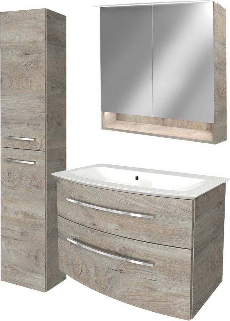 Fackelmann B.STYLE Badmöbel Set 4-teilig, 83 cm, Grau + LED-Spiegelschrank + Hochschrank links