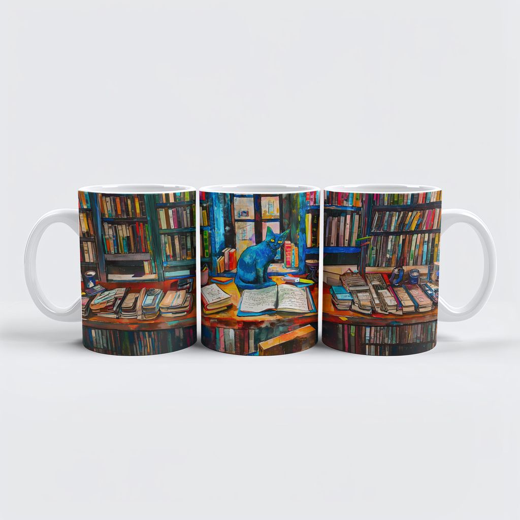 raxxa Premium-Tasse "Cat sitting Among Open Books on table"