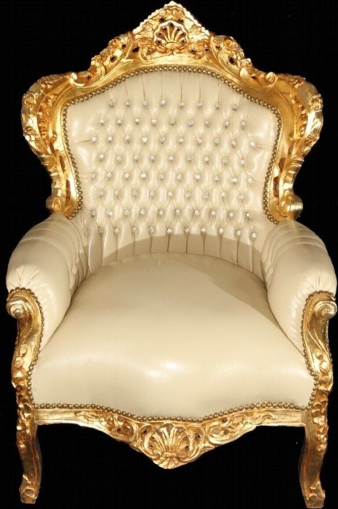 Casa Padrino Barock Sessel King Creme/Gold Lederoptik Bling Bling