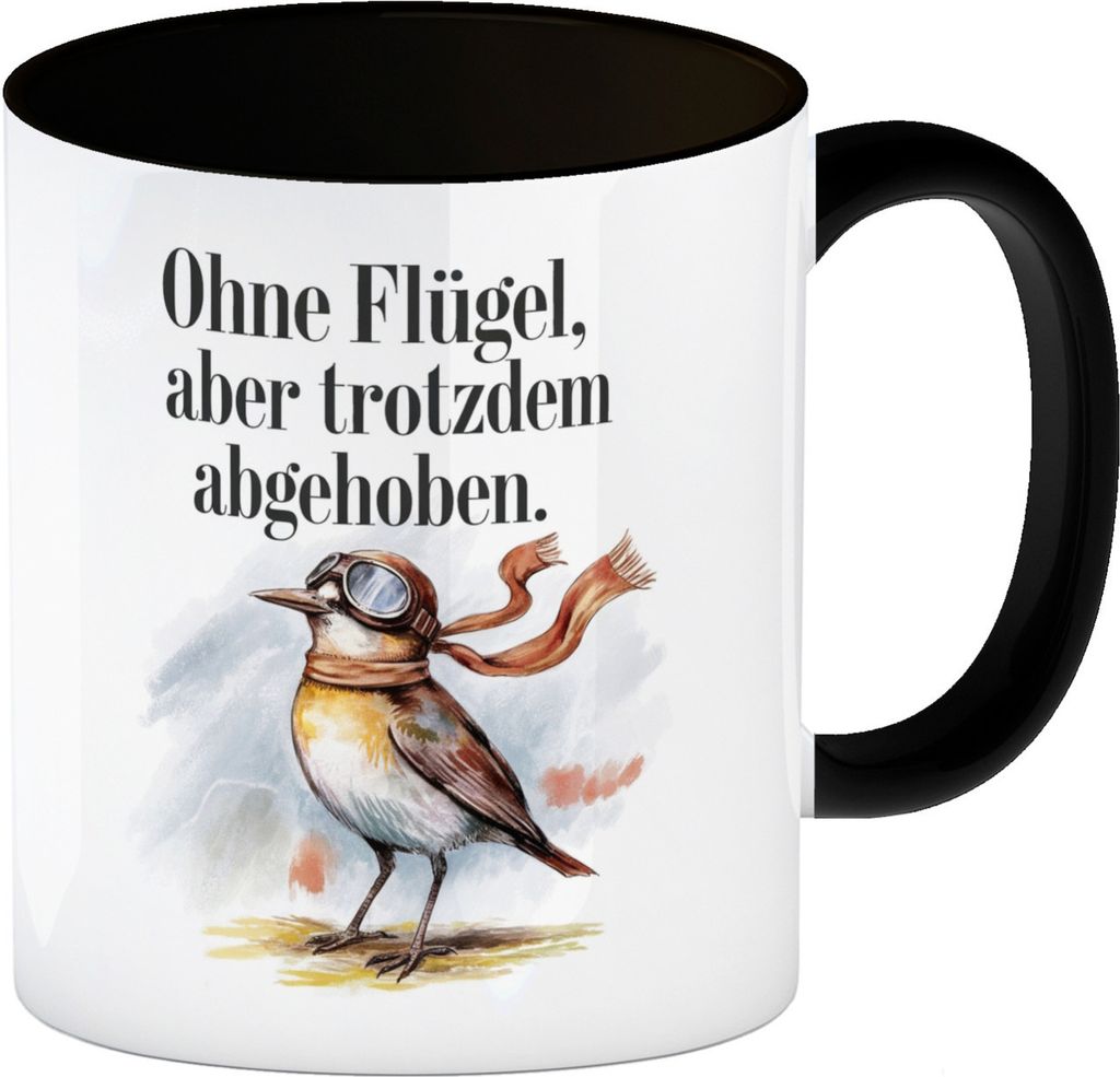 Vogel mit Fliegerbrille Abgehoben Kaffeebecher in schwarz