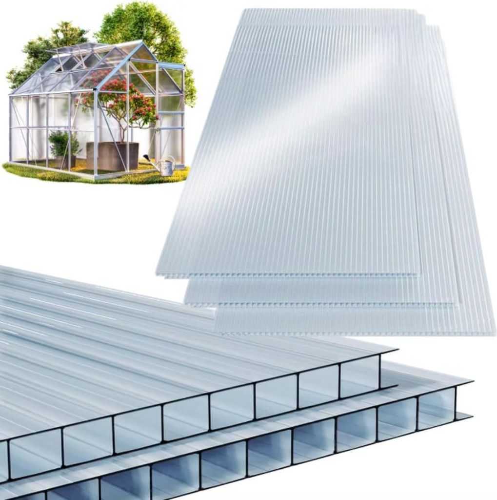 A greenhouse and sheets of polycarbonate panels.