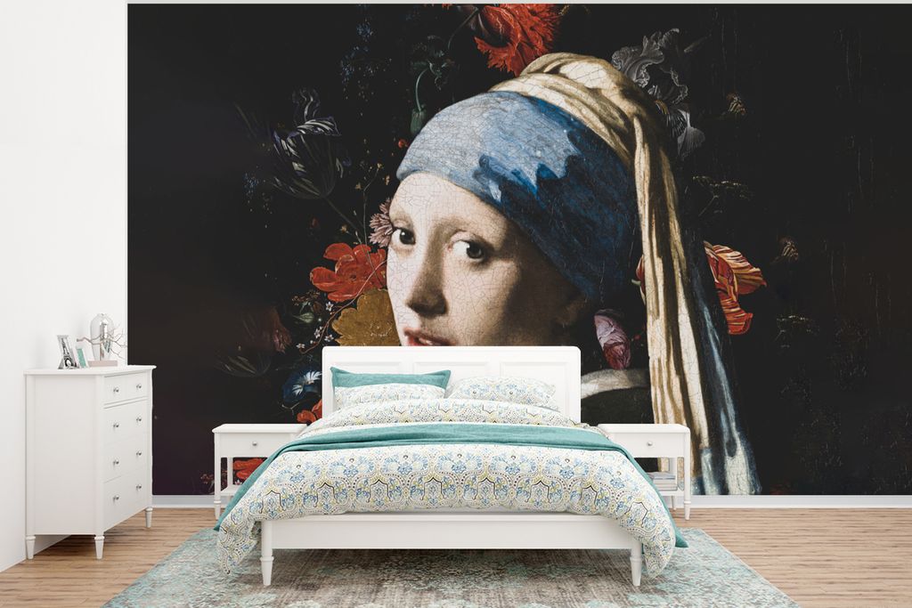 MuchoWow Fototapete für Wohnzimmer oder Schlafzimmer Wandtapete Vinyl Motivtapete Das Mädchen mit dem Perlenohrring - Vermeer - Blumen - 350x26...