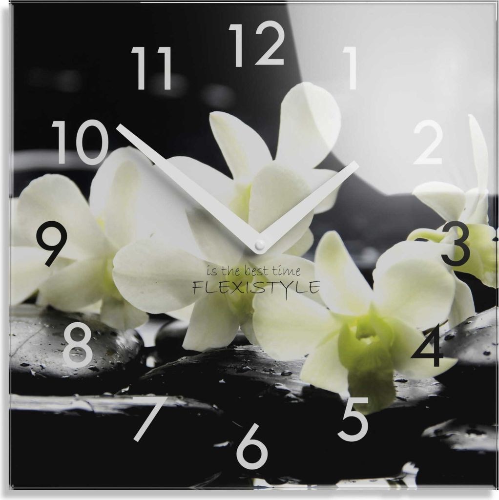 Wanduhr aus Glas WEIßE BLUMEN