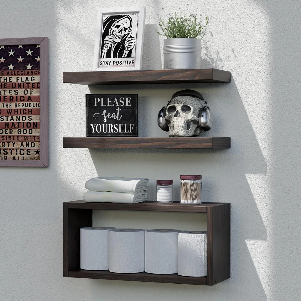Étagères de salle de bains rustiques avec fixations invisibles noyer
