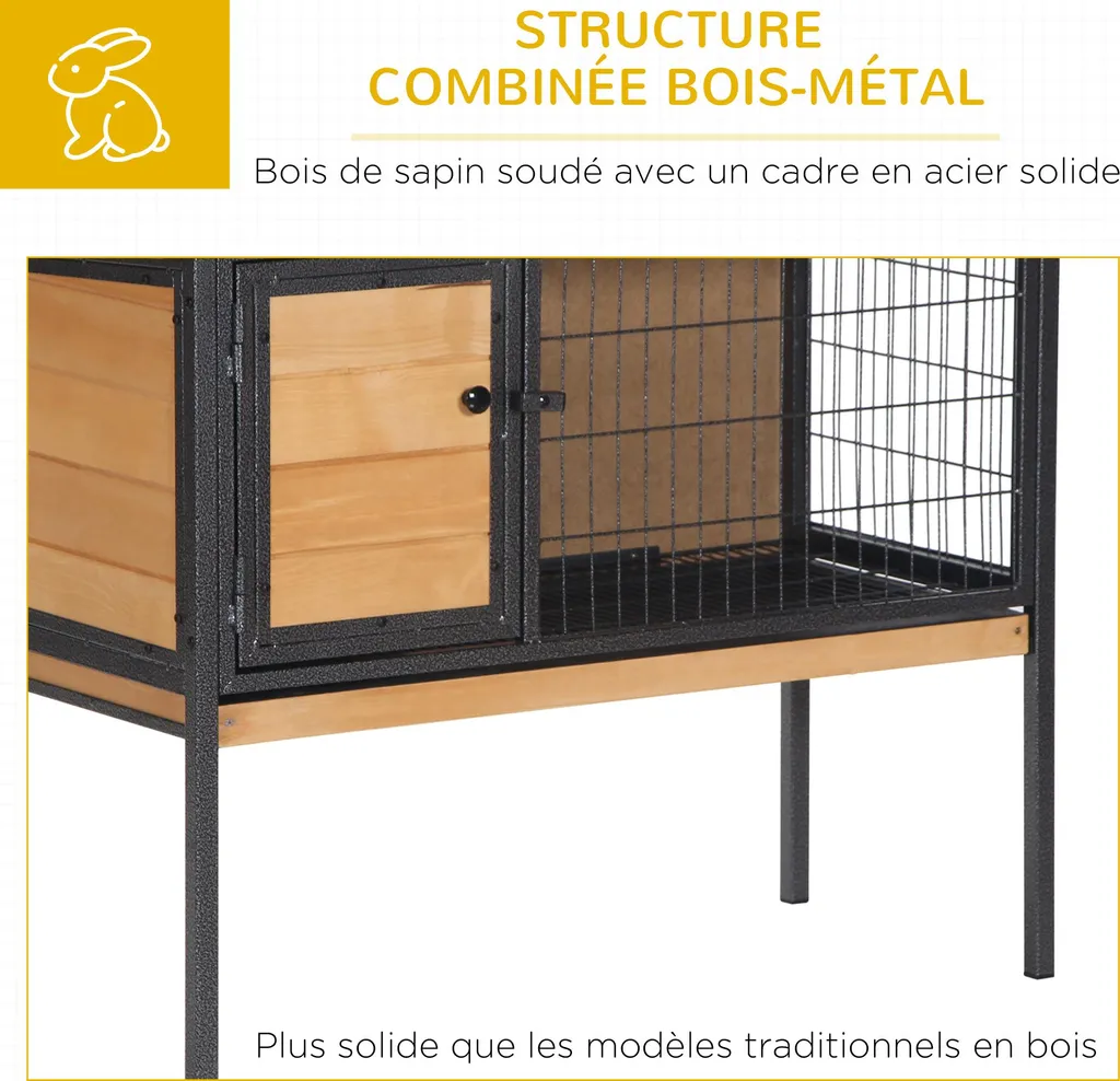 Abri lapins avec toit ouvrant et pieds bois - Confort 91,5L x 45l x 70H
