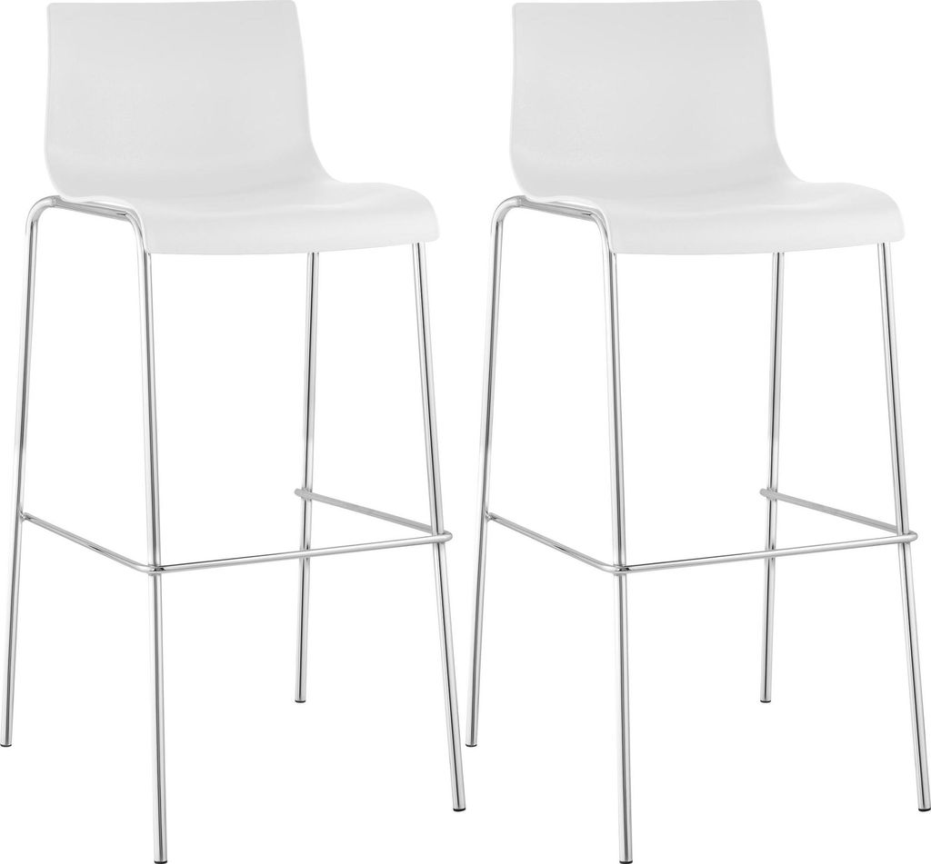 Two white bar stools with chrome legs are shown against a white background.