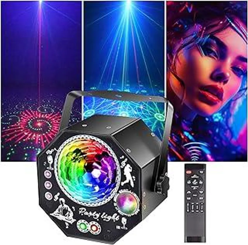 Luce da discoteca 4 in 1 con telecomando, 75 effetti, RGB, UV, strobo LED Sound Control, luce da discoteca controllata dalla musica, luce da discoteca DJ, palla da discoteca per feste, club, Halloween, Natale