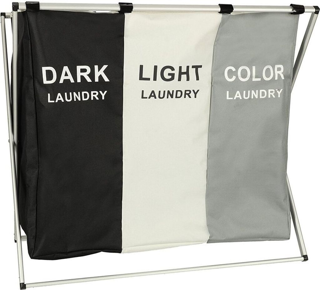 A three-compartment laundry sorter with labels for 'DARK', 'LIGHT', and 'COLOR' laundry.