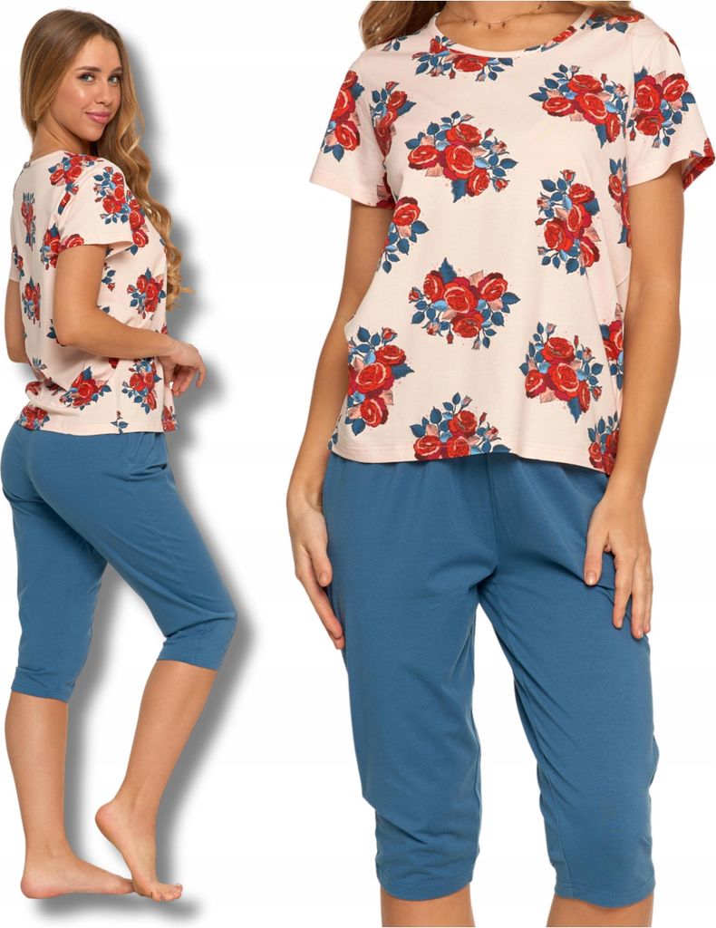 Damen Schlafanzug Zweiteilig Moraj Kurze Ärmel Floral Hose 3/4 4Xl