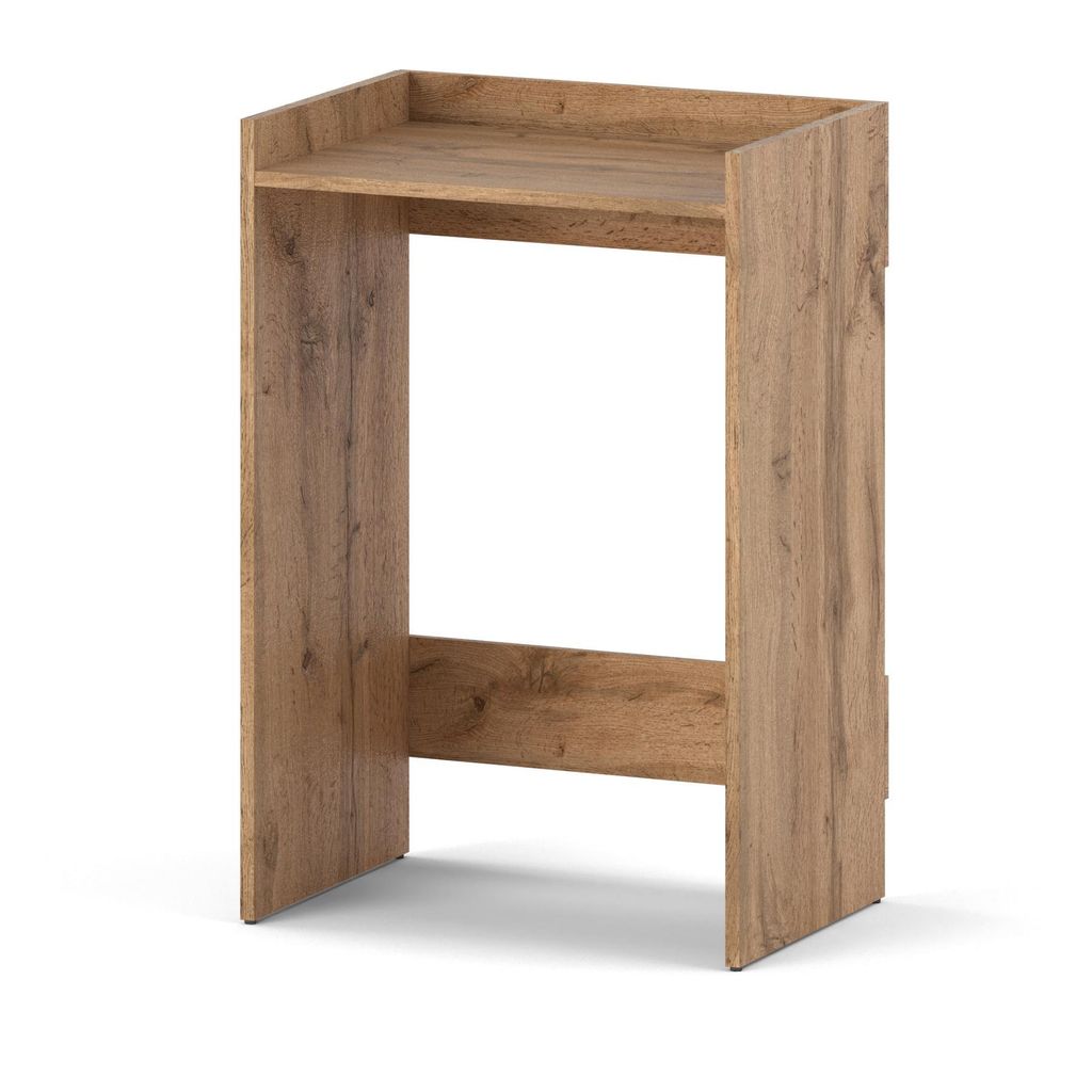 A freestanding bathroom cabinet with a shelf, made of wood-look material.