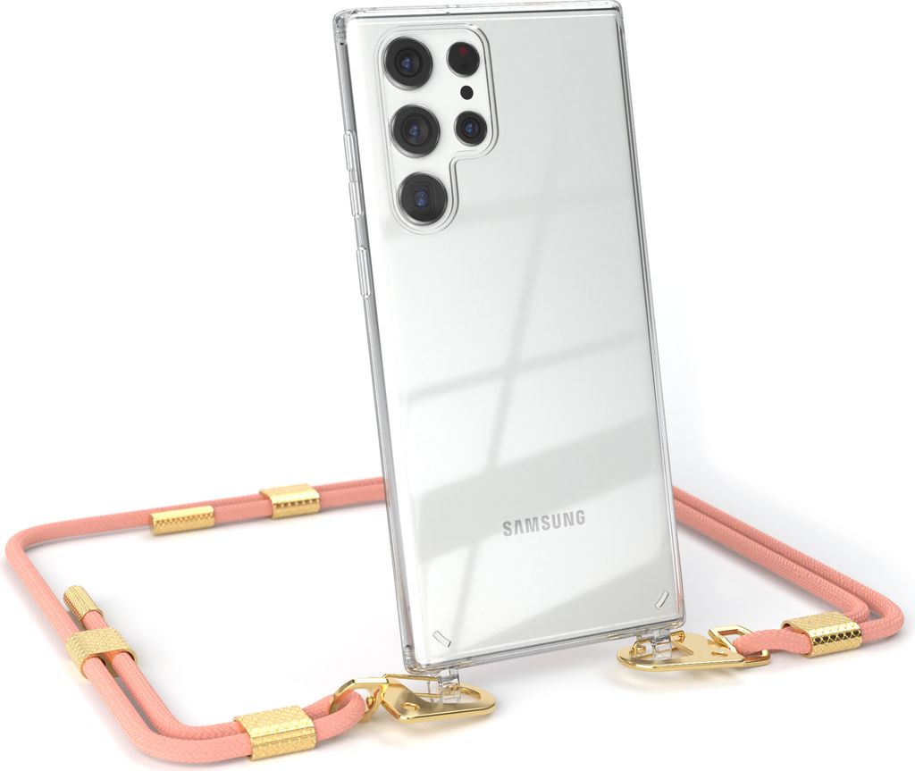 EAZY CASE Handykette für Samsung Galaxy S22 Ultra 5G, Transparente Silikonhülle mit Band, Clear Case, abnehmbar in Rosa