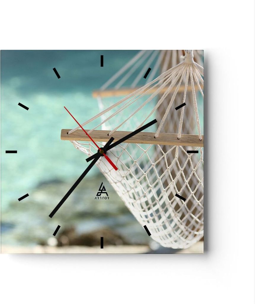 Wanduhr - Quadrat - Glasuhr - Reise hängematte tropisch strand - 40x40cm - Schleichendes Uhrwerk - Lautlos - zum Aufhängen bereit - Dekoration Mo...