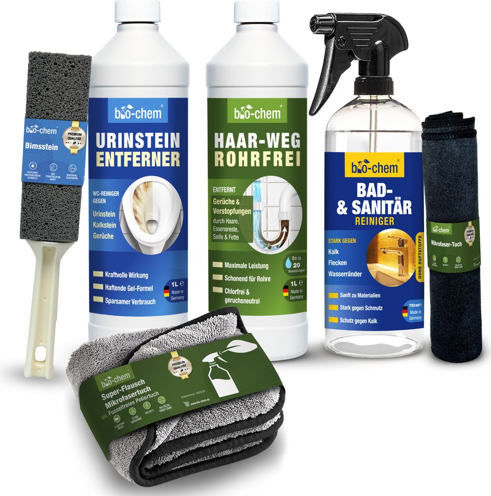bio-chem Badreiniger Set 6-teilig - 1x Haar-Weg Abflussfrei, 1x Urinsteinentferner, 1x Sanitärreiniger + Bimsstein & Tücher- Effektiver Abflussre...