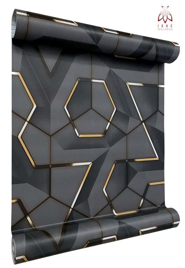 A roll of wallpaper with a geometric 3D pattern.