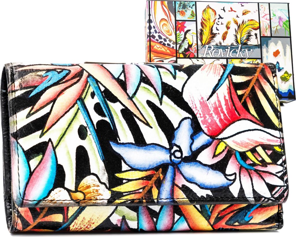 Rovicky | Großes Portemonnaie, aus echtem Leder, für Frauen, mit Verschluss, Bunt, 14.5x8.5 cm
