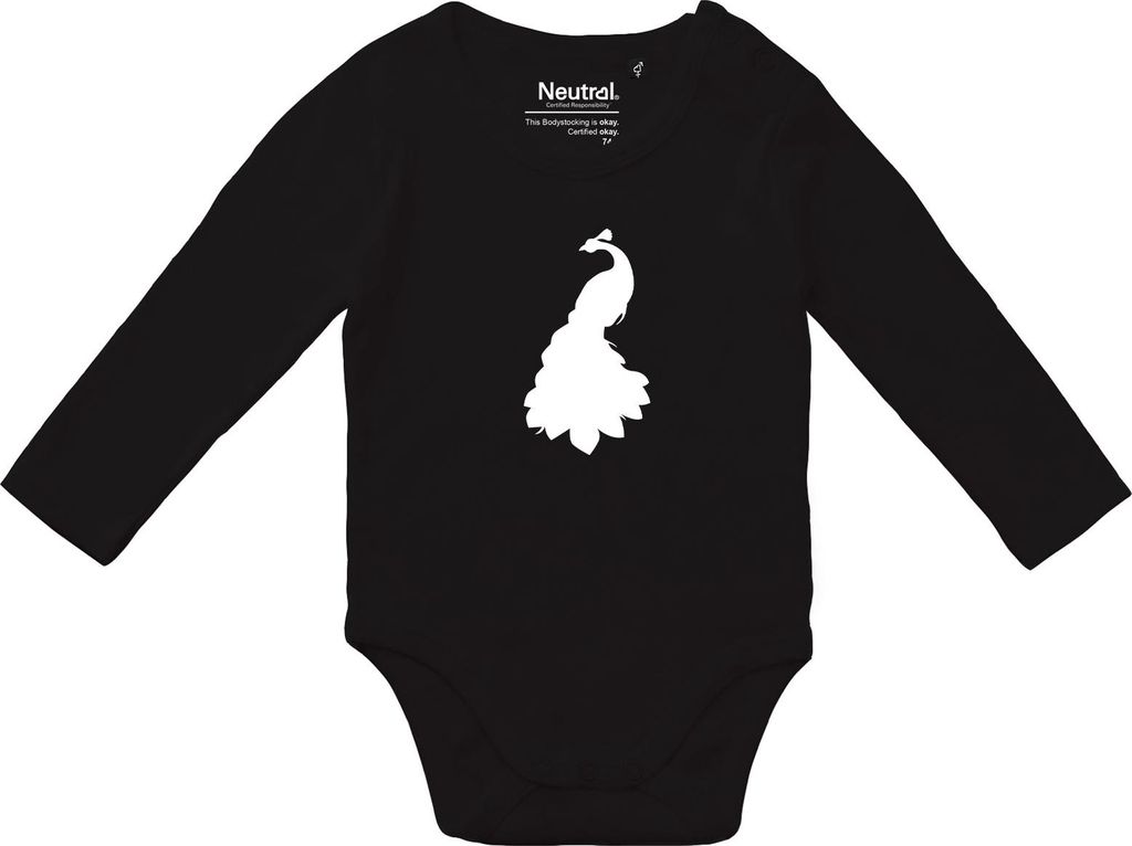 Huuraa Baby Body Pfau Silhouette 68 Black Baumwolle Fairtrade Langarmbody Geschenkidee