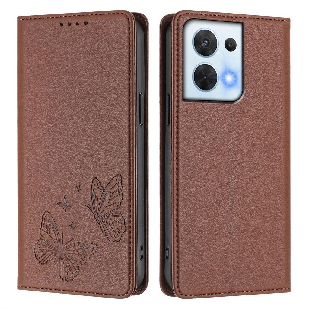 Lederhülle für Oppo Reno8 5G, Schmetterling Prägung Leder Brieftasche Schutzhülle mit Ständer Braun