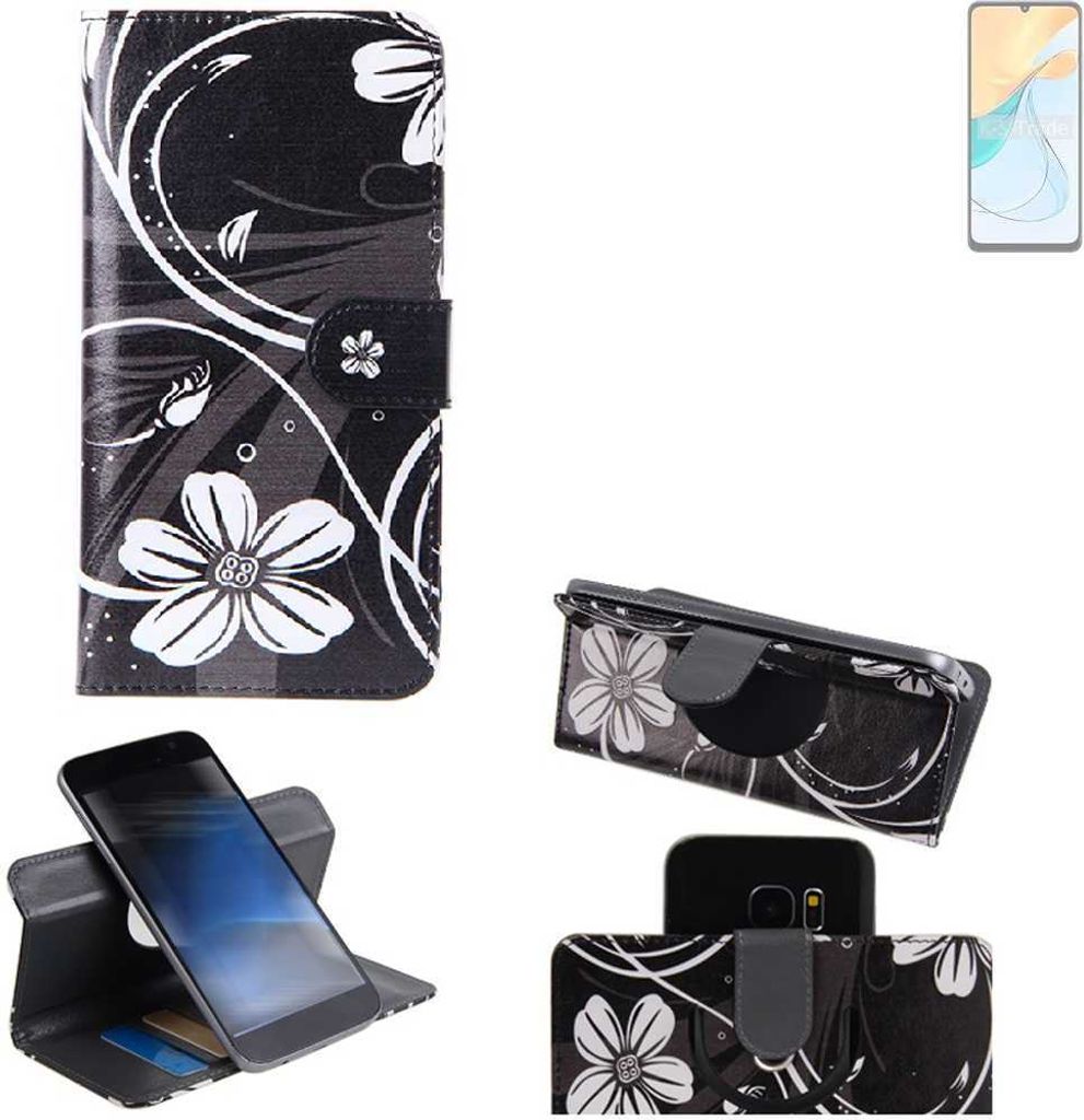 K-S-Trade Schutzhülle Handyhülle kompatibel mit ZTE Blade V50 Vita Hülle 360° Wallet Case “Flowers“ Klapphülle Hülle schwarz-weiß 1x