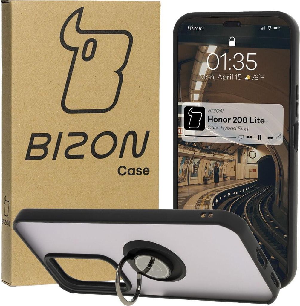 Bizon Case Hybrid Ring Fingerring Hülle für Honor 200 Lite, Rauch mit schwarzem Rahmen