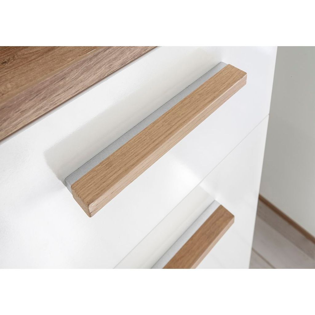 Badezimmer Hochschrank MALANJE-66 in weiß glänzend & Riviera Eiche quer Nb. - B/H/T: 35,5/205/33cm