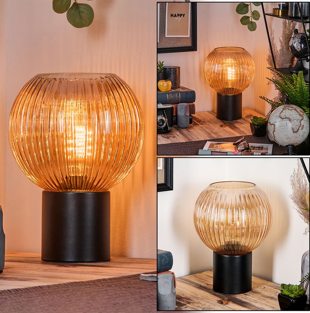 Cesaro Tischlampe aus Metall/Riffelglas in Schwarz/Bernsteinfarben
