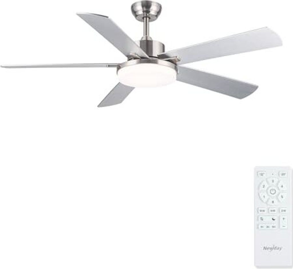 Newday Deckenventilator mit Beleuchtung Silber, 107cm Licht und Fernbedienung Leise, Ventilator Lampe Decke Reversibel 5 Flügel 3 Timer für