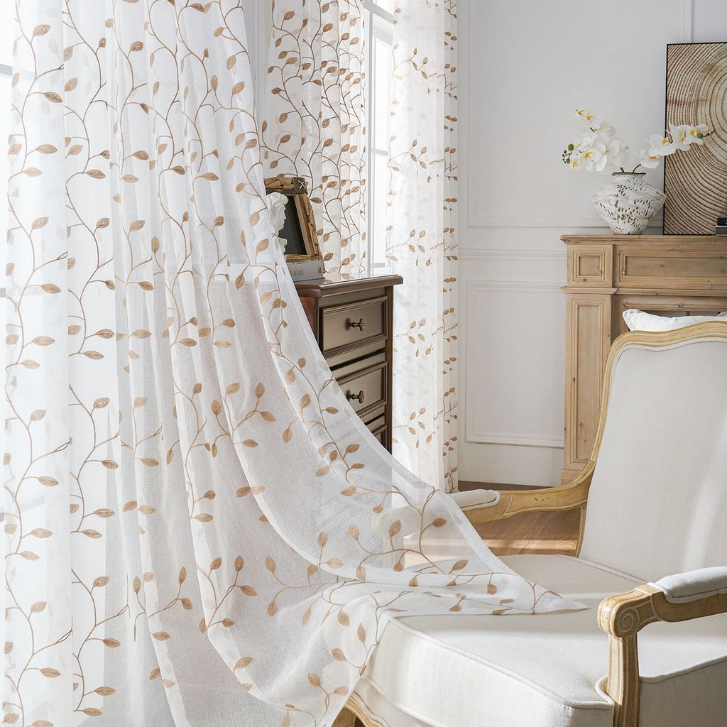 Easy Home Stickerei Voile Vorhänge - 140x215 cm Transparent - Blattmuster Gardinen 2er Set - Khaki