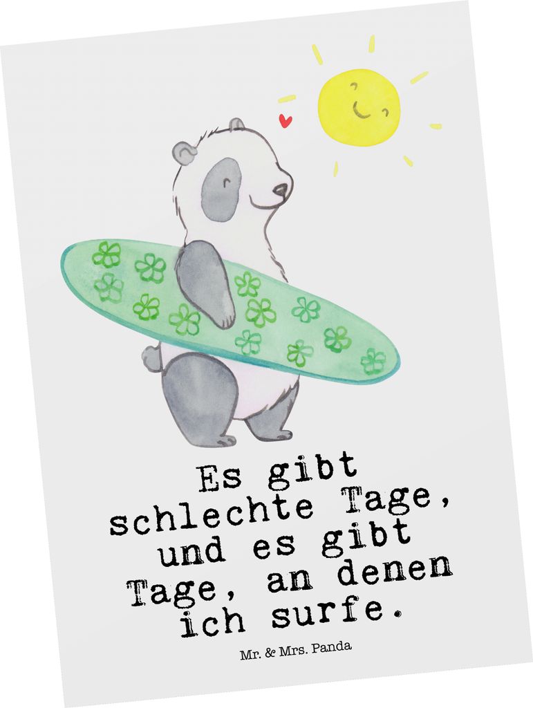 Mr. & Mrs. Panda Postkarte Panda Surfen - Weiß - Geschenk, Wellenreiten, Ansichtskarten, Grußkarte, bildkarte, Postkarten, Surfschule, Ansichtskarte