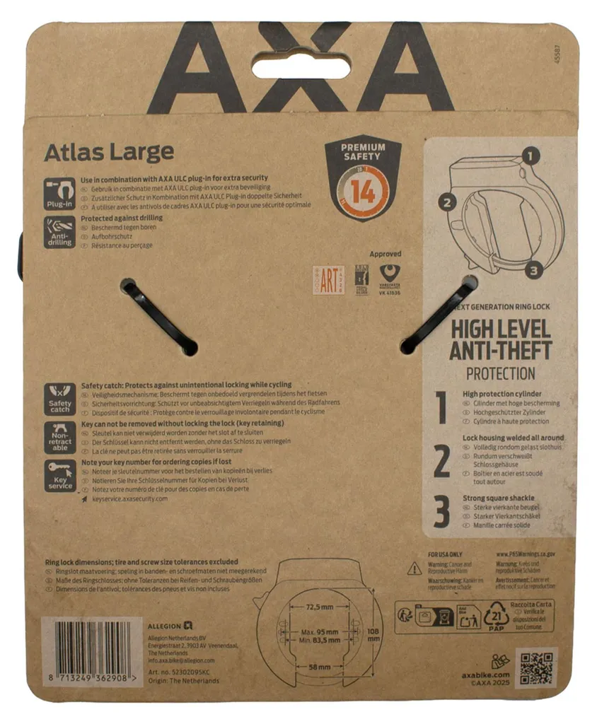 Antivol Fer à Cheval AXA Atlas Large ART2 pour Pneus Larges et VAE City
