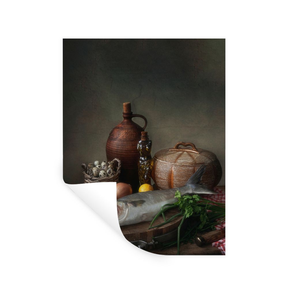 MuchoWow Wandtattoo Wandsticker Wandaufkleber Rustikal - Fisch - Stilleben - Gemüse - Kräuter 90x120 cm Selbstklebend und Repositionierbar - Fa...
