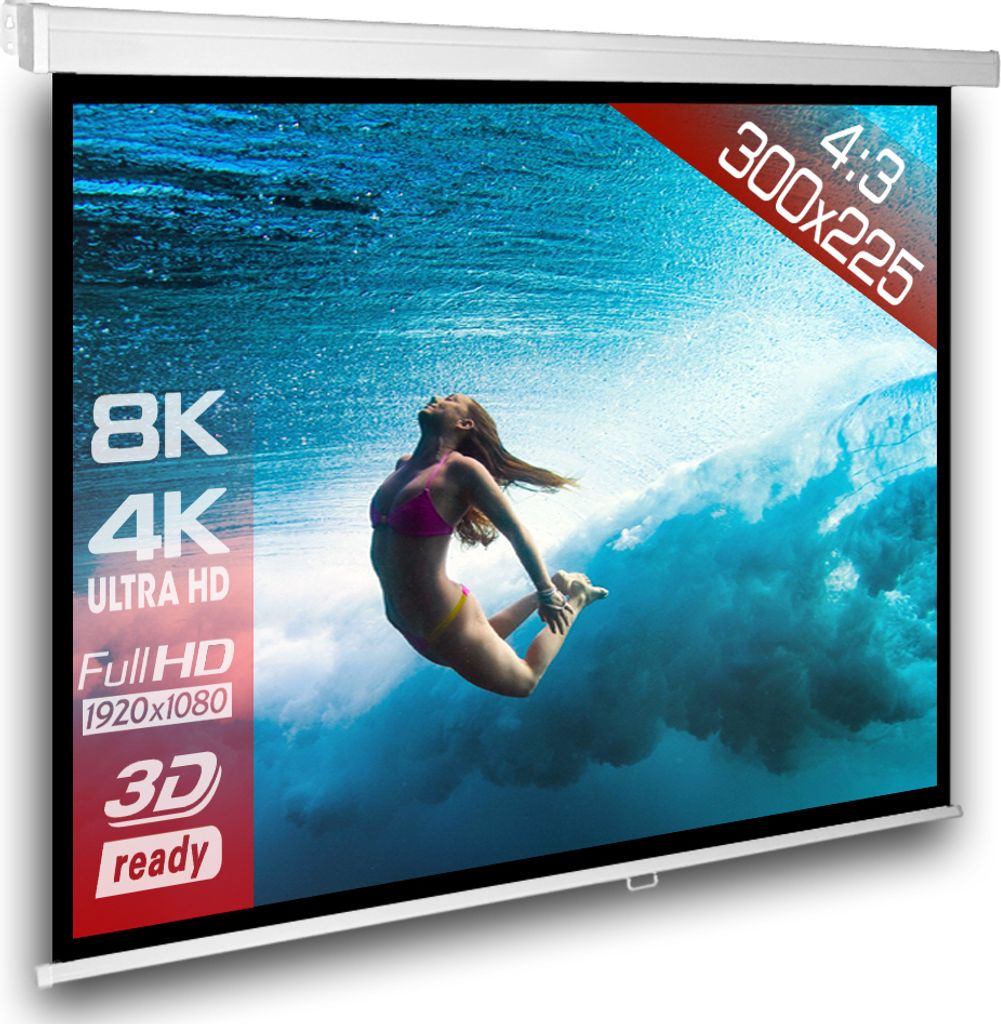 4:3 Slenderline Heimkino Beamer Rolloleinwand 305 x 244 (299x224)cm / Gehäuselänge 320 cm / FULL HD / 3D / 4K / HDTV / manuelle Leinwand