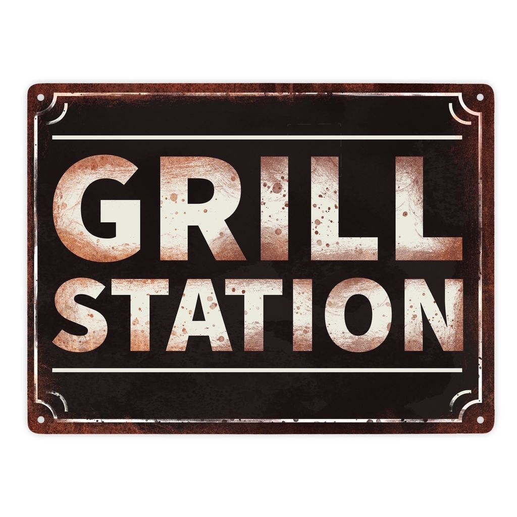 Grillstation Metallschild XXL in 28x38 cm in Rostoptik