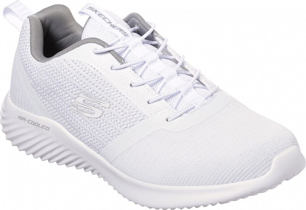 A white Skechers men's sneaker is shown from a side-angle on a white background.