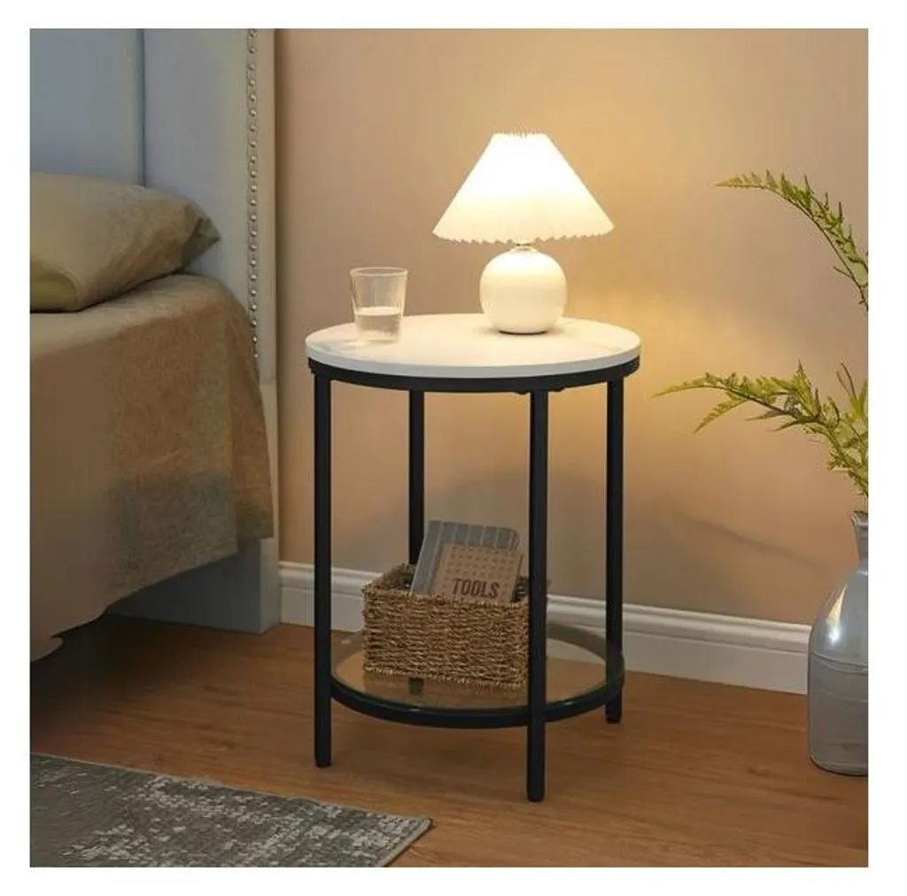 Table d'appoint à 2 étages en bois de palette et verre trempé blanc