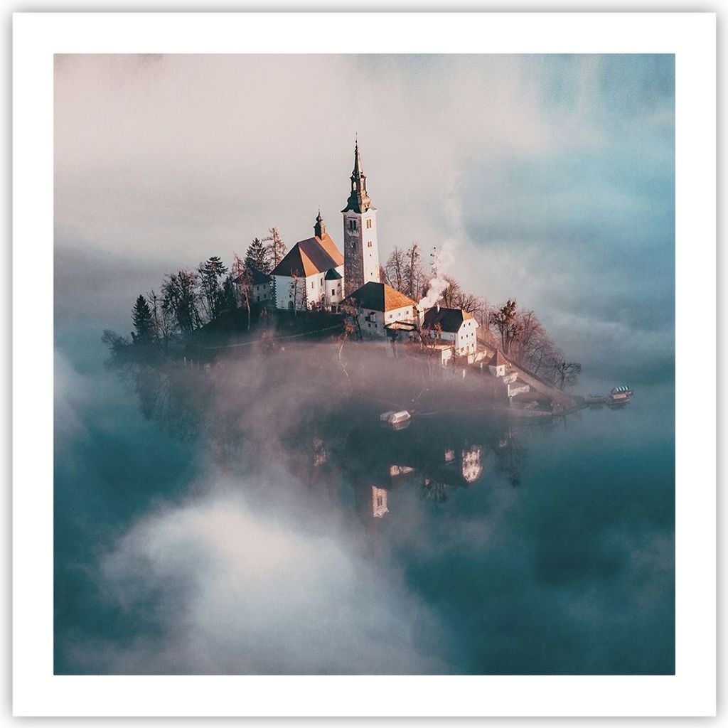 Poster - Poster ohne Rahmen - Alpen Bled Kirche - 60x60 cm - Wand Bild - Wanddeko - Wandbilder - Kunstposter - Wandposter - Bilder - Kunstdruck - W...