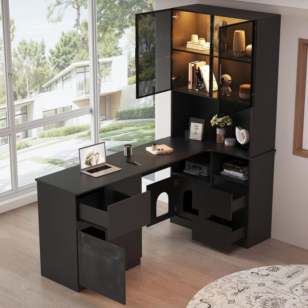 Bureau d'angle avec étagère et vitrine à LED, 120 x 80 x Image du produit 