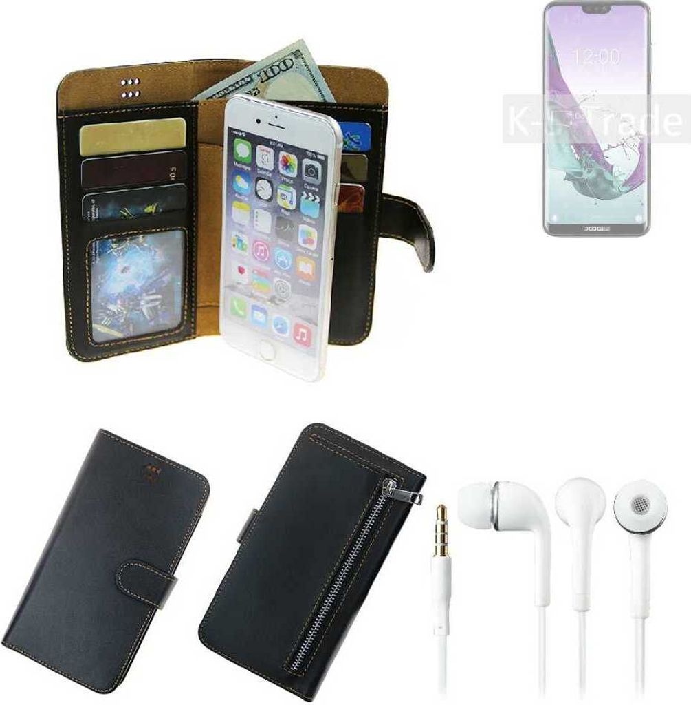 TOP SET Handy Hülle Schutz Hülle kompatibel mit Doogee N10 schwarz aus Kunstleder + Kopfhörer Smartphone Tasche vollwertige Geldbörse