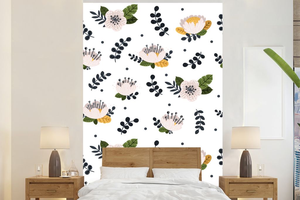 MuchoWow Fototapete für Wohnzimmer oder Schlafzimmer Wandtapete Vinyl Motivtapete Design - Blätter - Blumen - 155x240 cm