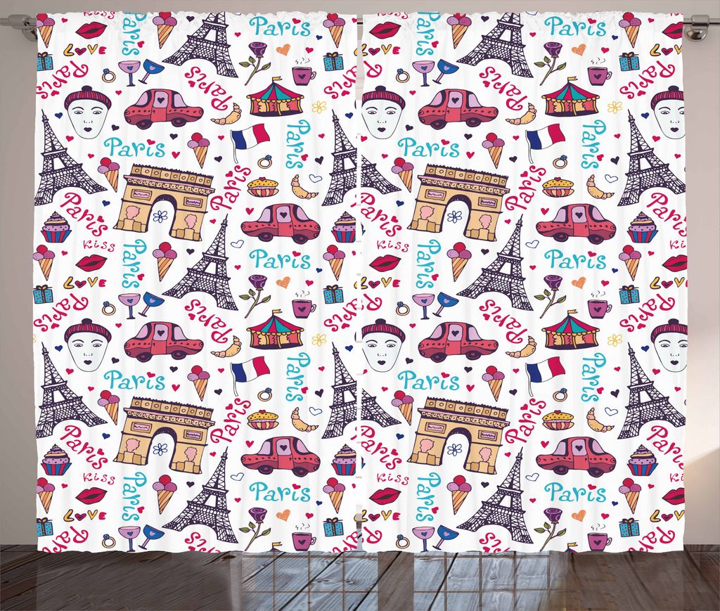 ABAKUHAUS Paris Rustikaler Gardine, Verschiedene Stadtsymbole, Schlafzimmer Kräuselband Vorhang mit Schlaufen und Haken, 280 x 225 cm, Mehrfarbig