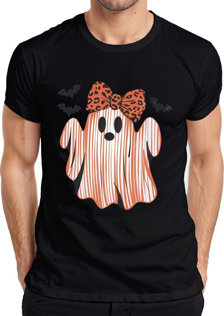 Halloween Geist Süßer Leopardenschleife Kinder Mädchen Gestreift Herren T-Shirt, Schwarz, S
