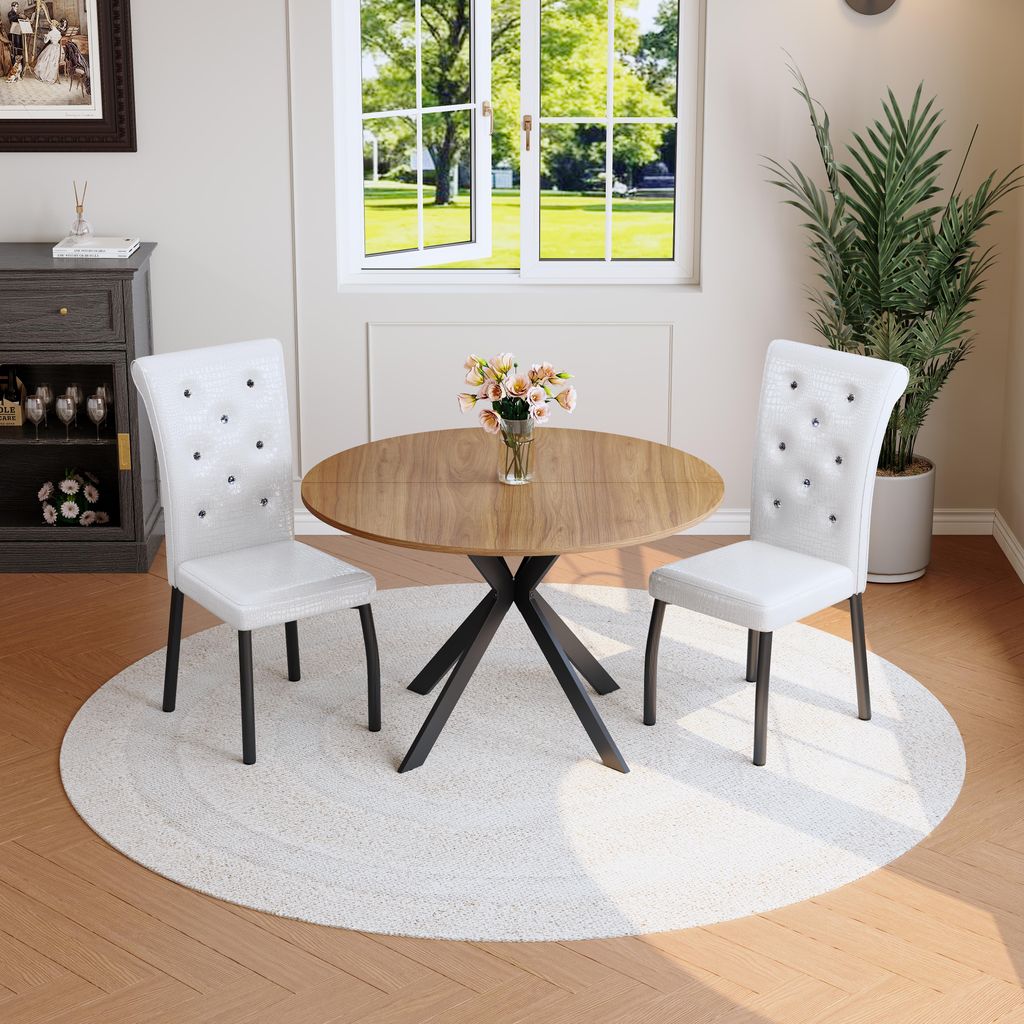 2er Set weiße Esszimmerstühle, Kunstleder mit Knopfheftung, Metallbeine, ergonomischer Sitz für Wohnzimmer, Restaurant & Lounge