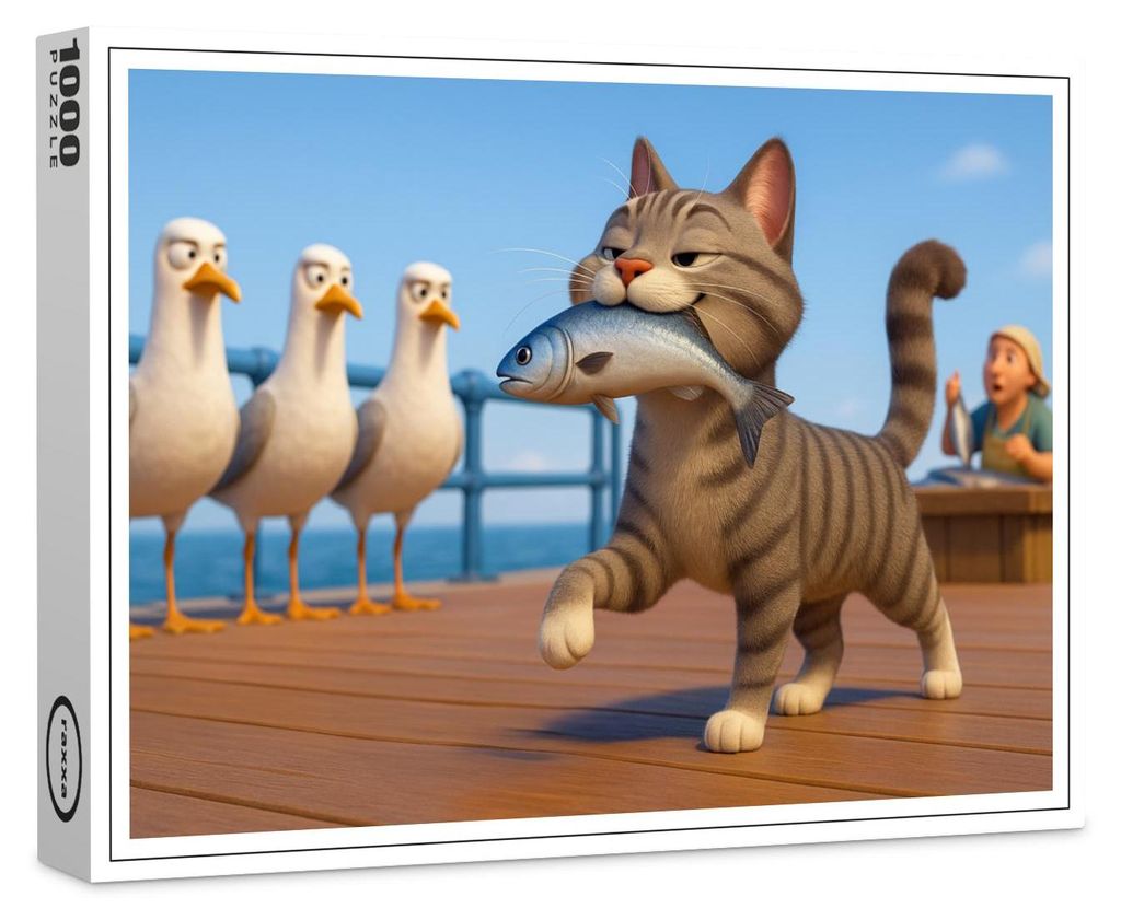 raxxa Premium-Puzzle "Erfolgreich gegen die Möwen durchgesetzt - Katze mit Fisch", 1000 Teile
