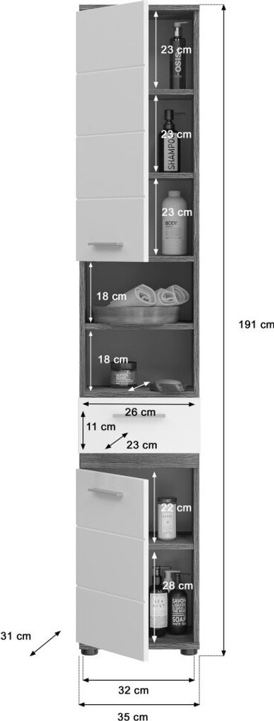 Meublorama XX-X02B2711, Grau, 2 Tür(en), 1 Schublade(n), 4 Regale, 310 mm, 350 mm