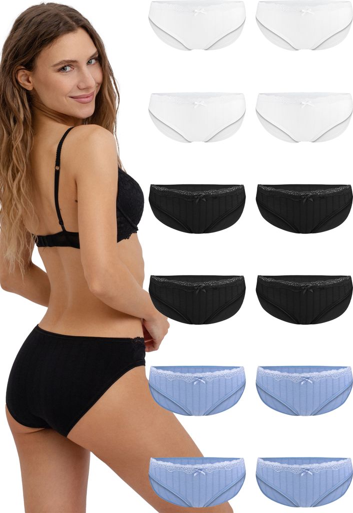 Fabio Farini - 12 Stück Damen Unterhosen Panty - Frauen Hipster Unterwäsche aus Baumwolle Stoff mit unauffällig Struktur sowie dezenter Spitze a...