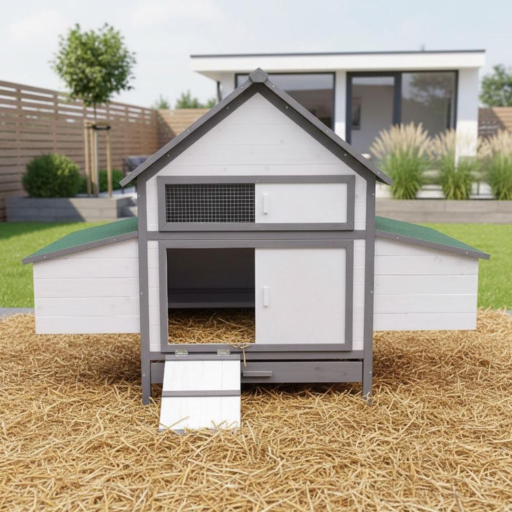 A white and gray chicken coop with a green roof sits on a bed of straw in a grassy yard, with a modern building and fence in the background.