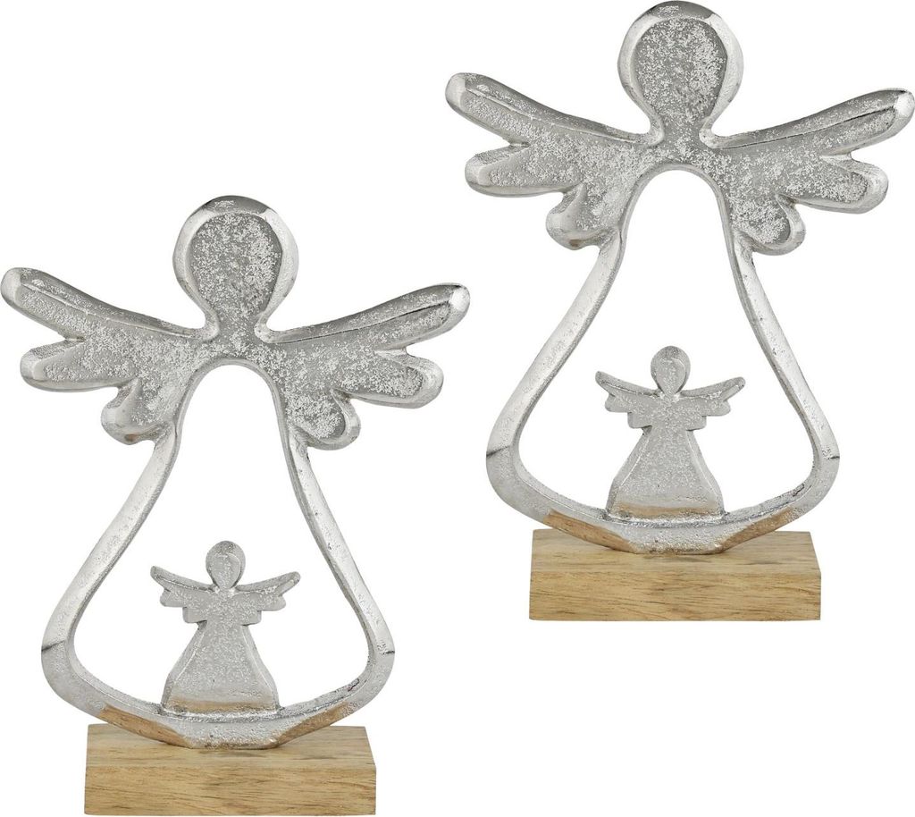 Marrakesch 2er Set Weihnachtsdeko Engel Silber 21 cm | Metall & Holz Deko Aufsteller für Fensterbank Tisch & Regal | Skandinavische Winterdeko & m...