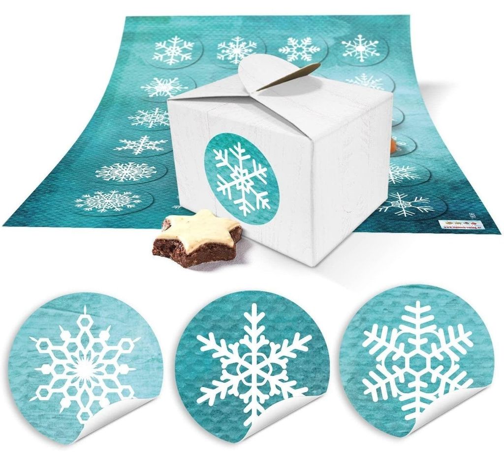 24 kleine weiße Geschenkboxen Geschenkverpackung Geschenkschachteln Weihnachten 8 x 6,5 x 5,5 + Aufkleber Schneeflocken türkis weiß, hübsche We...